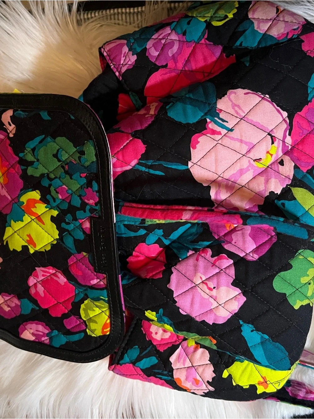 Vera Bradley Black Quilted Backpack with Pink, Teal & Lime Floral Print